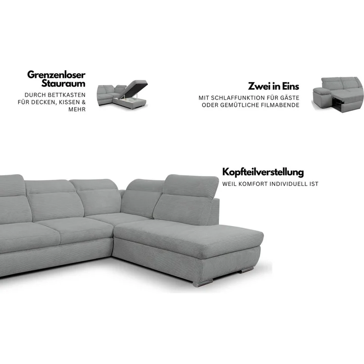 WERK2 Ecksofa Alicante 280 x 230 cm Cord L-Form, modern und bequem, Chenille, L-Form, XXL, Schlaffunktion, Bettkasten – Bild 3