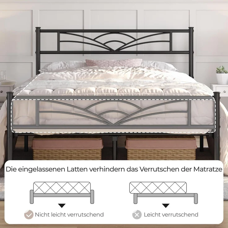 Yaheetech Metallbett mit Lattenrost, Wolkenmuster, Schwarz, 140x200 cm – Bild 3