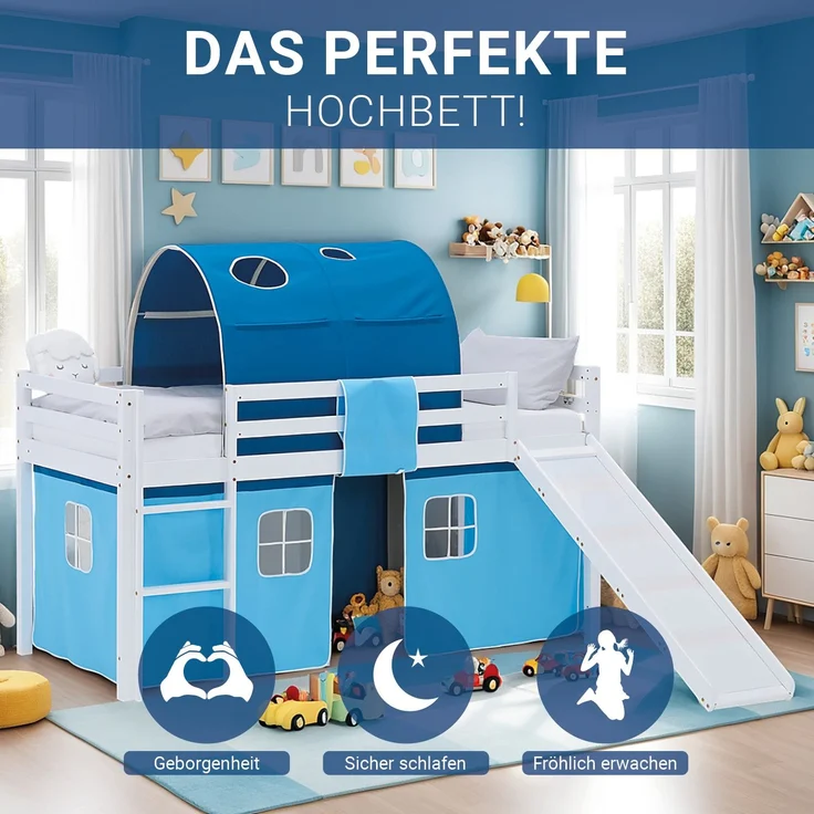 Hochbett Kinder 90x200 cm mit Rutsche Kinderbett Kinderhochbett Stockbett Vorhang Tunnel Blau Holz Massiv – Bild 4