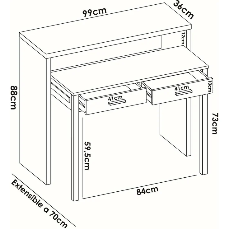 Dmora - Schreibtisch Losetta, Multipositionsschreibtisch mit ausziehbarer Platte, lineare Arbeitskonsole mit 2 Schubladen, 99 x 70 x 88 cm, Weiß – Bild 2