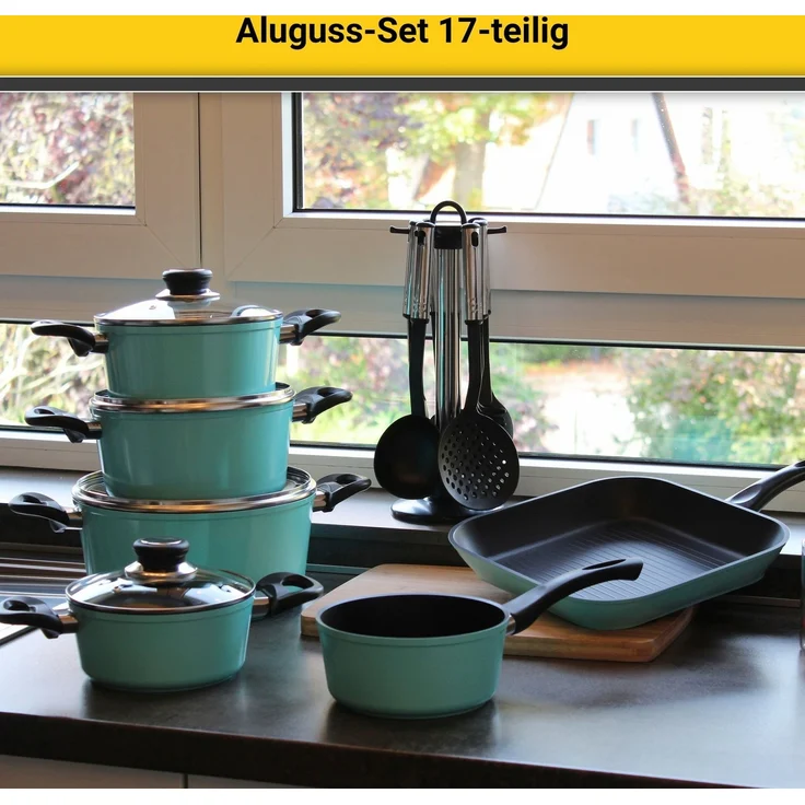 Topfset 17-tlg mit langlebige Antihaft-Versiegelung aus Aluguß in mint / Töpfe / Topf-Set / Kochtopfset / Kochtöpfe – Bild 2