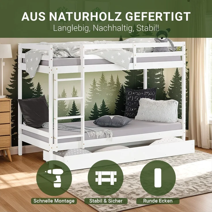 Homestyle4u Etagenbett mit Bettkasten, Kiefernholz weiß, 90x200 cm – Bild 5