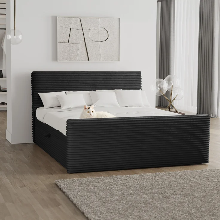 Kaiser Möbel Boxspringbett Trento, 140x200 cm, mit Bettkasten und topper, Plüsch Cord Schwarz, H3-Bonell