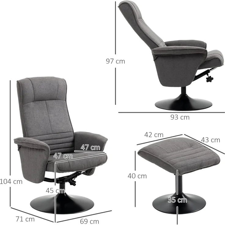 HOMCOM Relaxsessel Relaxstuhl mit Fußhocker, verstellbare Rückenlehne (Liegesessel, 2-St, Fernsehsessel), für Wohnzimmer, Schlafzimmer, Samt, Dunkelgrau – Bild 3