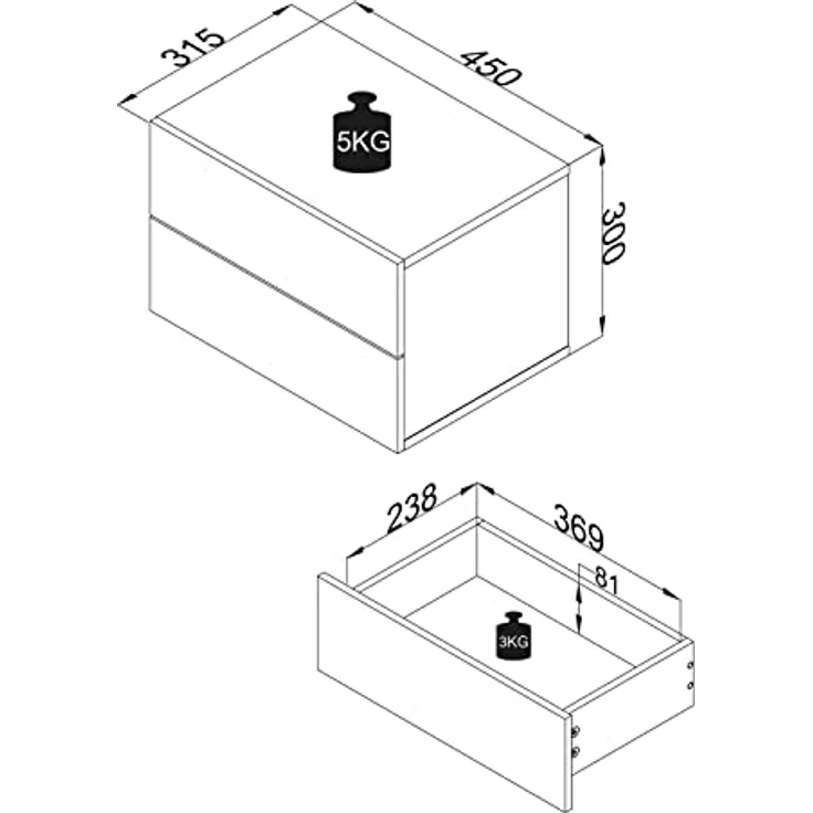 MID.YOU Nachtschrank, Schwarz, hängend, mit 2 Schubladen, Eiche, 45x30x32 cm – Bild 4