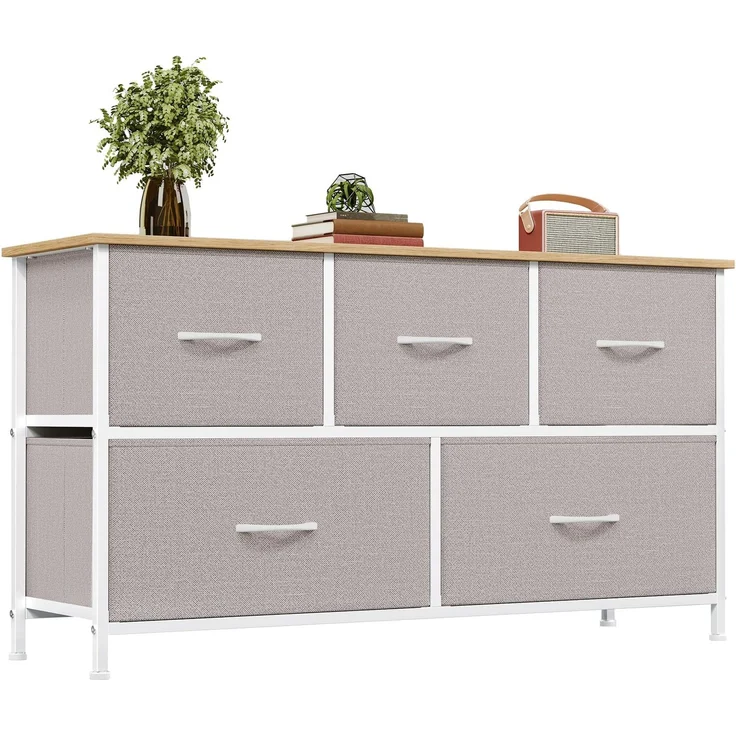 Somdot Kommode mit Schubladen, Stoffkommode, Kommode für Schlafzimmer Wohnzimmer Flur, Komodenschrank Schubladenschrank Aufbewahrungsschrank, 5 Stoffschubladen, Aschgrau