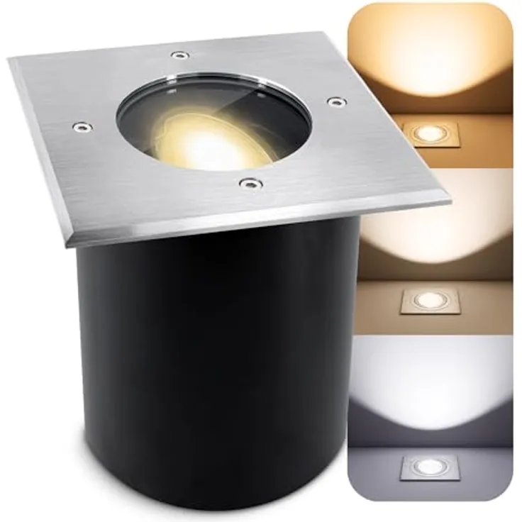 SSC-LUXon JUAVI Bodeneinbaustrahler schwenkbar IP67, LED GU10 3W mit 3 einstellbaren Lichtfarben, befahrbar, quadratisch, rostfrei 230V