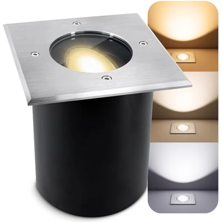 SSC-LUXon JUAVI Bodeneinbaustrahler schwenkbar IP67, LED GU10 3W mit 3 einstellbaren Lichtfarben, befahrbar, quadratisch, rostfrei 230V – Bild 1