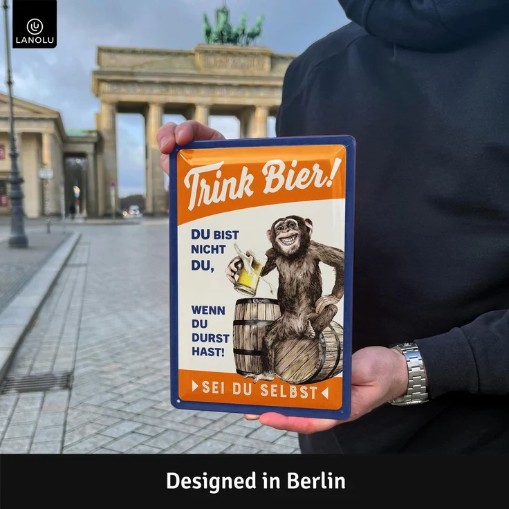 LANOLU Blechschild Trink Bier Affe - 20x30cm – Metall – Mehrfarbig – 20160 – Bild 2