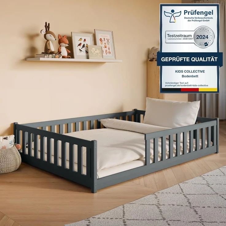Kids Collective Kinderbett Bodenbett Bett mit Rausfallschutz & Lattenrost Montessori Bett Kinder, Jugendbett Einzelbett mit Matratze Graphit Kiefer 140x200 cm