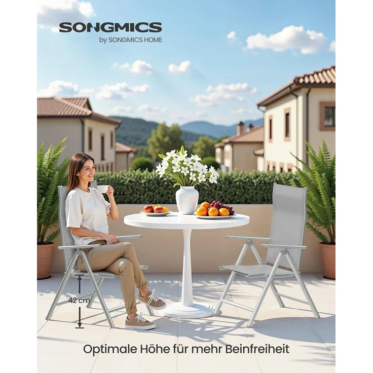 SONGMICS Gartenstuhl-Set 2-tlg., klappbar mit 8-fach verstellbarer Rückenlehne, Aluminiumgestell grau, bis 150 kg belastbar – Bild 2