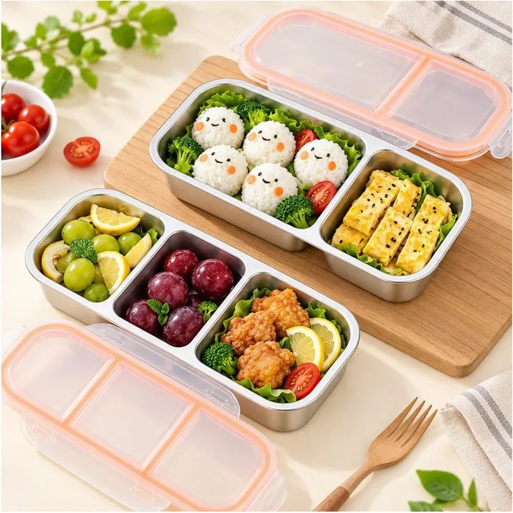 Fyrove Lunchbox aus Edelstahl, Brotdose, Snackbox mit Fächern, 2 Stück, (auslaufsicher, BPA-frei, lebensmittelecht, leicht, tragbar, 2 Stück – 1x2 Fächer + 1x3 Fächer), für Schule, Kindergarten, Arbeit, Camping, Frühstücksdose, Essenbox