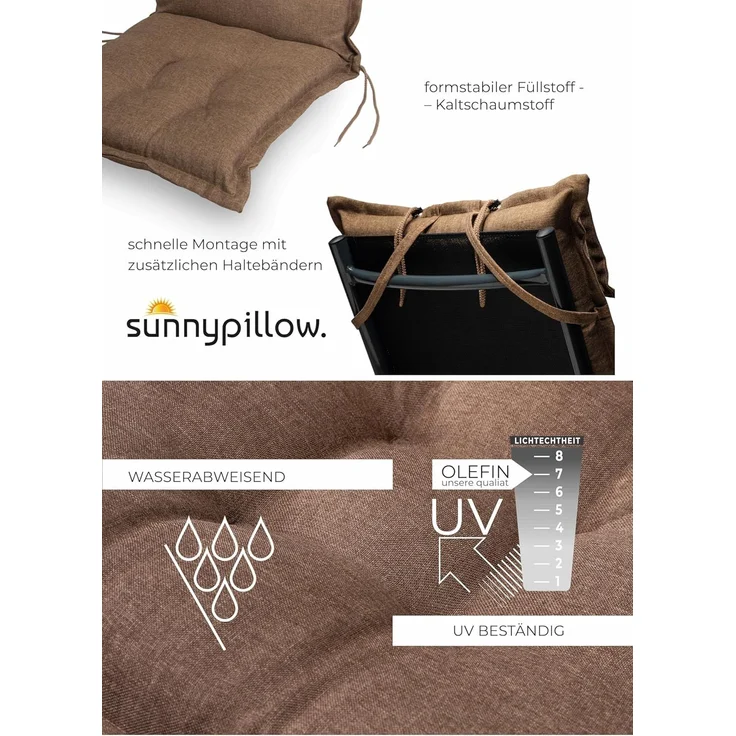 sunnypillow 6er Set Gartenstühle und Gartenstuhlauflagen Hochlehner | 120 x 50 x 9 cm Hochlehner Auflage wasserdicht UV-lichtecht | Klappsessel Klappstuhl für Garten Polsterauflagen Stuhlauflage | Braun – Bild 4