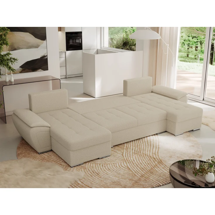 U-förmiges Ecksofa mit Schlaffunktion, genähter Sitz, zwei Armlehnen und losen Kissen - UMBRIA U - Beige Boucle – Bild 3