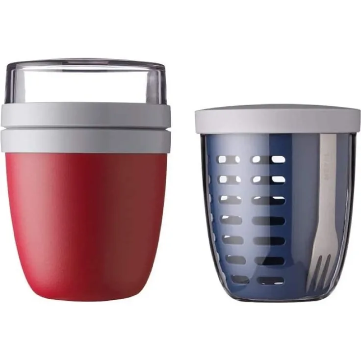 Mepal Set Ellipse Lunchpot mit Fruitpot Lunchbox Essensbehälter (Nordic red + Nordic Denim)