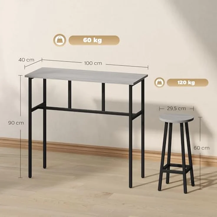 HOMCOM Bargruppe Bartisch-Set im Industriedesign, (Set, 6-tlg), 6-teilig Essgruppe 2 Bartisch mit 4 Stühlen Grau, Schwarz – Bild 8