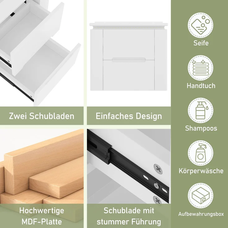 Flieks Waschtisch 61×46×48.5 cm, Wandhängender Badezimmerschrank mit LED, 2 Schubladen, seitliche Ablagen, integriertes Keramikbecken, weiß – Bild 6