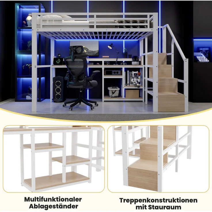 EINHOM Hochbett, 140 x 200 cm, Metallbettgestell, Leiterschrank, Ablagefach, USB + Typ-C, LED-Lichtleiste, Weiß (Ohne Matratze) – Bild 6