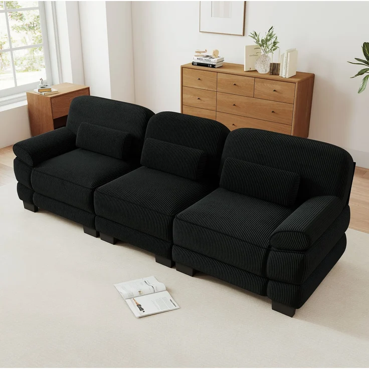3-Sitzer-Modulsofa 265x88,5x94 cm aus schwarzem Cord mit Lendenkissen – Bild 2