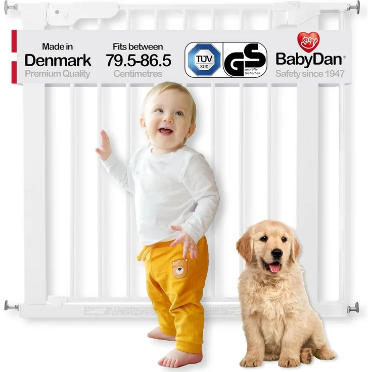 BabyDan Premier Türschutzgitter / Treppenschutzgitter zum Klemmen, 79,6 - 86,5 cm  - hergestellt in Dänemark und vom TÜV GS geprüft, Farbe: Weiß