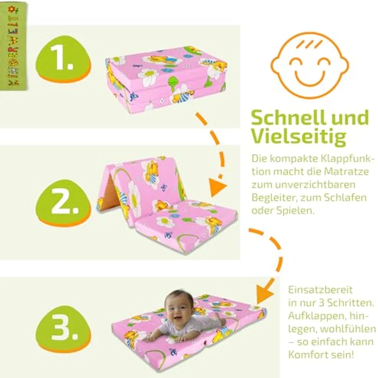 KiNDERWELT Reisebett Baby Reisematratze 120x60 cm, rosa, Klappmatratze Faltmatratze, Schaumstoff Matratze Kinder aus hochwertigem Kaltschaum, Made in Germany – Bild 6