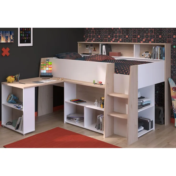 Parisot Hochbett Lucas in weiß und Eiche mit Schreibtisch