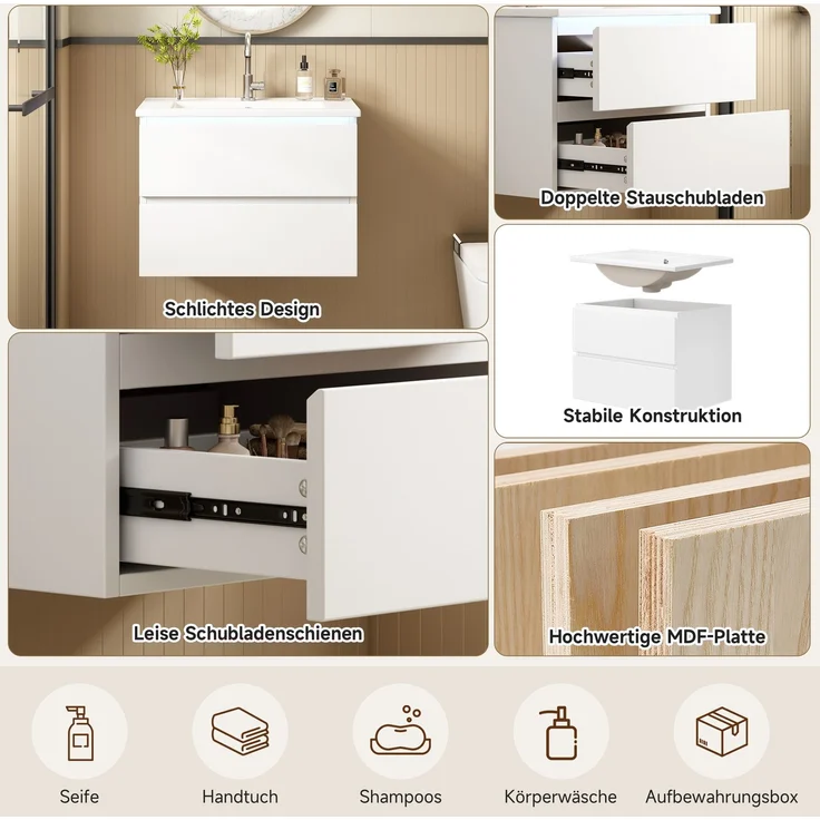 Waschtisch 61x46x45 cm, wandhängend, Weiß, mit Keramikbecken und LED-Sensorlicht – Bild 7