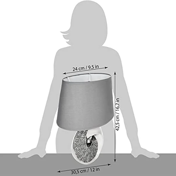 BRUBAKER Tisch- und Nachttischlampe Silber Stein Ring, moderne Tischleuchte mit Keramikfuß, 42,5 cm Höhe, Schwarz, Chrom Grau – Bild 6