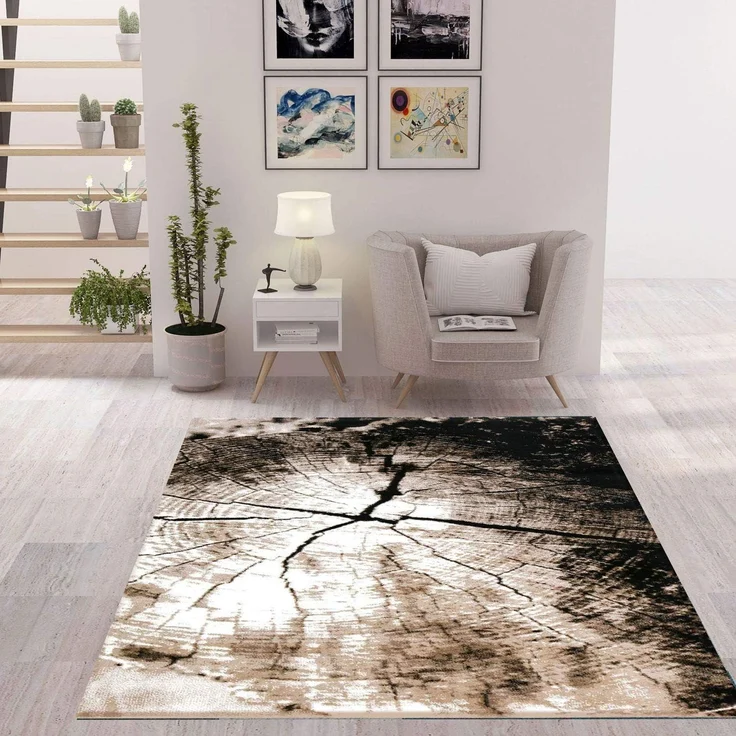 Vimoda Teppich Teppich Wohnzimmer Beige mit Baumstumpf Holz Optik dicht, Rechteckig, Höhe: 11 mm, Moderner Wohnzimmer Lounge Läufer Braun – Bild 1