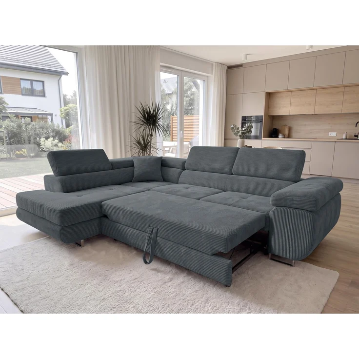 AX LIVING Konak Cord-Schlafsofa L Dunkelgrau 276 cm mit Bettkasten & Kopfstützen – Bild 2