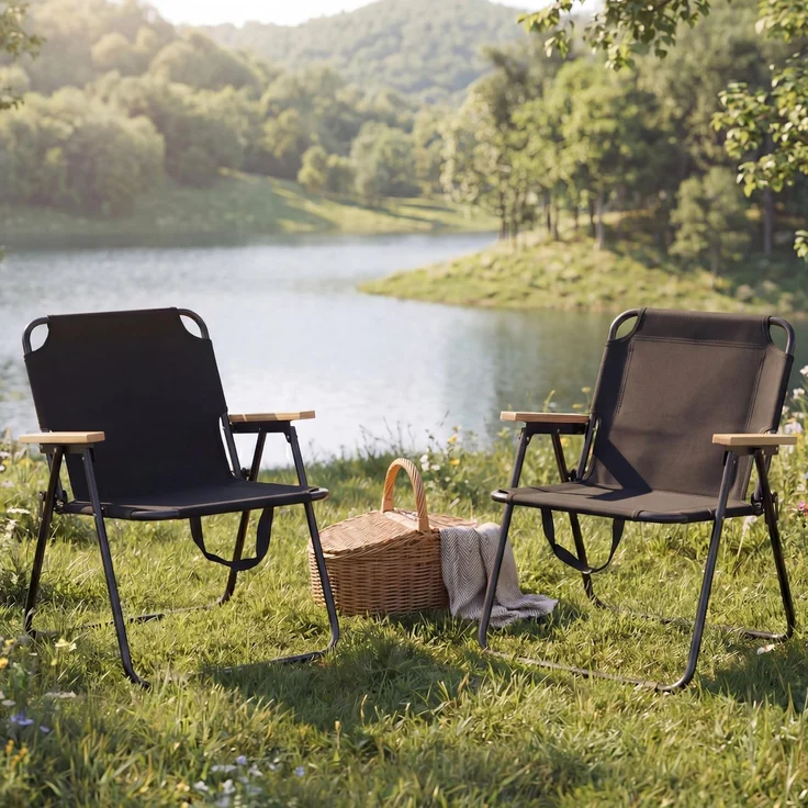2er-Set Campingstuhl HWC-Q43, Gartenstuhl Balkonstuhl Freizeitstuhl, klappbar Bambus Metall Stoff/Textil ~ schwarz – Bild 1