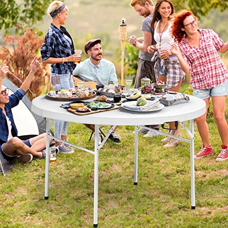 YITAHOME 122cm Runder Klapptisch mit Tragegriff Wetterfest für Outdoor/Indoor, Tragbarer Campingtisch mit Metallrahmen, Kunststoff Gartentisch mit 4cm Tischplatte für Party, Camping, Grill, Weiß – Bild 8