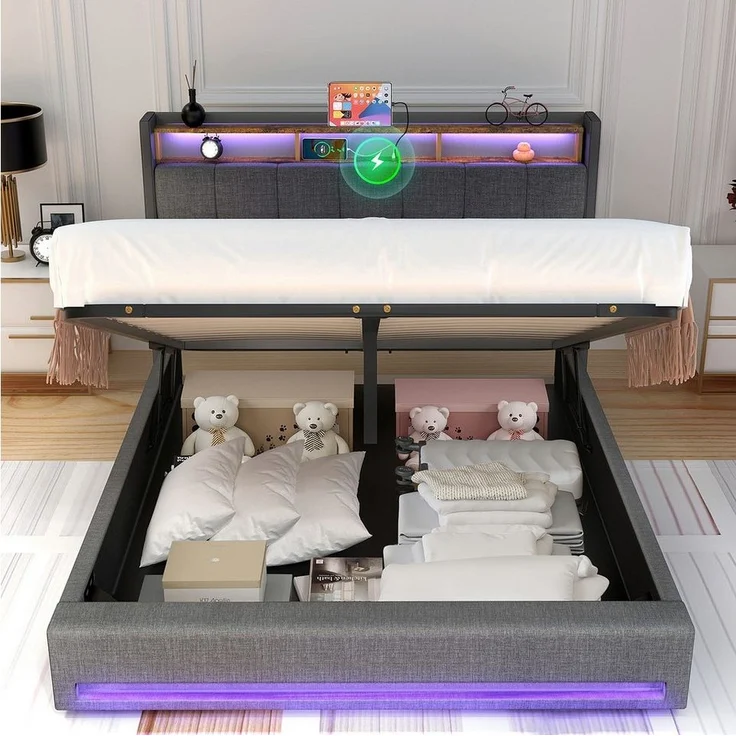 oyajia Polsterbett Doppelbett mit LED Licht 140x200 cm,Hydraulisch anhebbarer Stauraumbett (Mit Lattenrost und Ladefunktion, Leinenmaterial Polsterbettt), Modernes Jugendbett, Leises Design Bett, Max. Belastbarkeit 350 kg – Bild 2