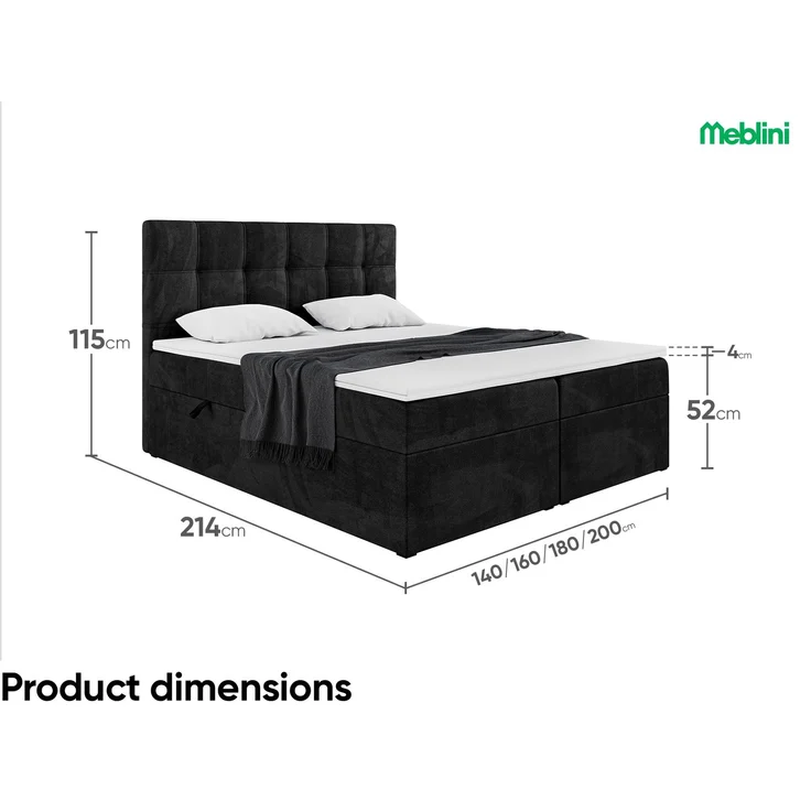 MEBLINI Boxspringbett KAI 140x200cm - H3/Schwarz Samt - mit Bettkasten - Gepolstert Doppelbett mit Matratze und Topper - Polsterbett mit Stauraum - Bett mit Kopfteil – Bild 7