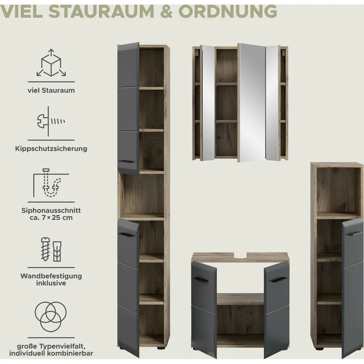 Badkombination (B/H/T: 150x185x30 cm) in schwarz matt und Nox Oak Nachbildung – Bild 8