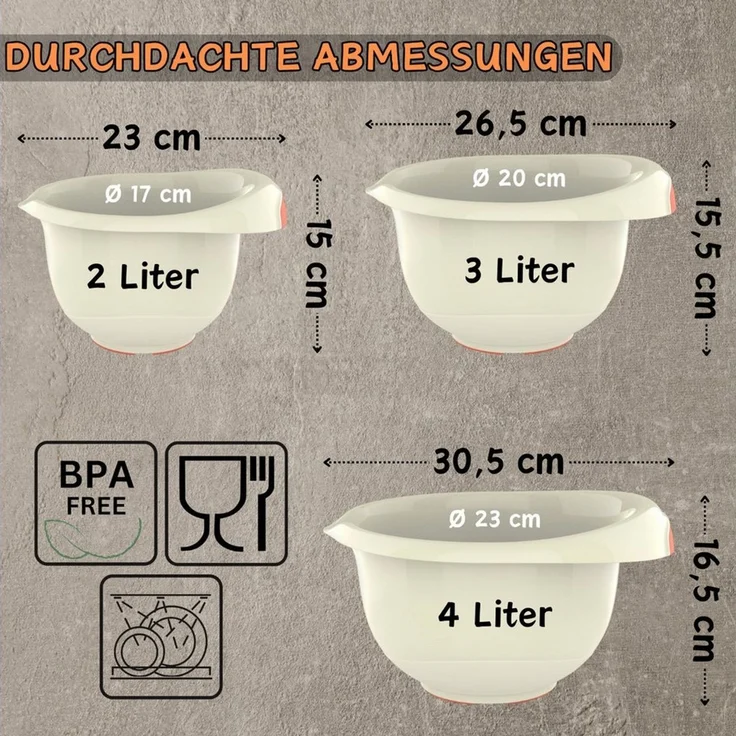 Engelland Rührschüssel 3er Set Backschüsseln mit Griff, Salatschüsseln, Kunststoff, (Vorteils-Set, 3-tlg), robust, BPA-frei, stapelbar, rutschfeste Silikonfüße, Einhandausguss – Bild 1