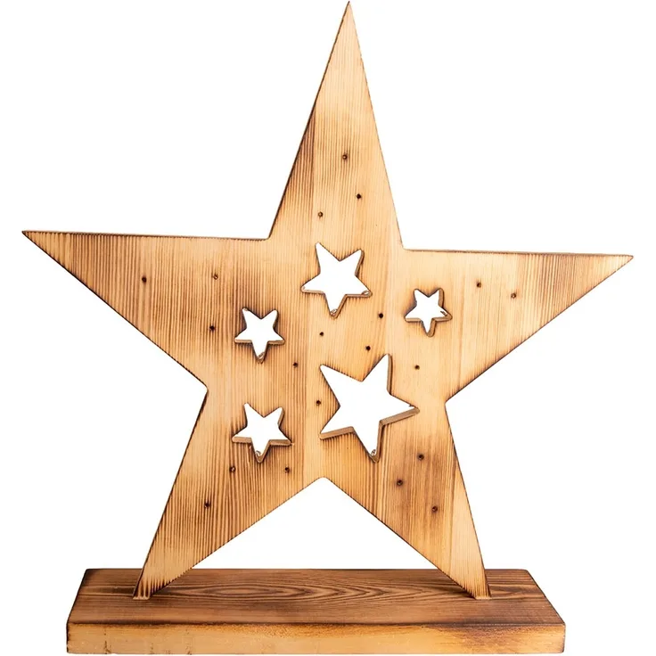 LED Adventsstern, Holz, Pinie, Timer, Batterie, H 49 cm