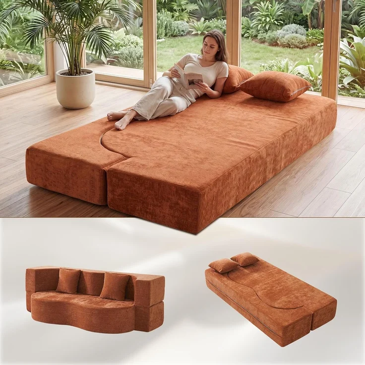 Aoxun Faltbares 3-Sitzer Gästebett & Schlafsofa, 200 cm breites XXL Bett in Orange – Bequeme Klappcouch für Wohnzimmer, Schlafzimmer als Lounge oder Gästebett,Orange – Bild 9