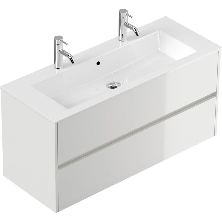 Posseik Badmöbel-Set Badmöbel Doppel-Waschtisch 2 Hahn Limes 120 cm weiß Hochglanz – Bild 1