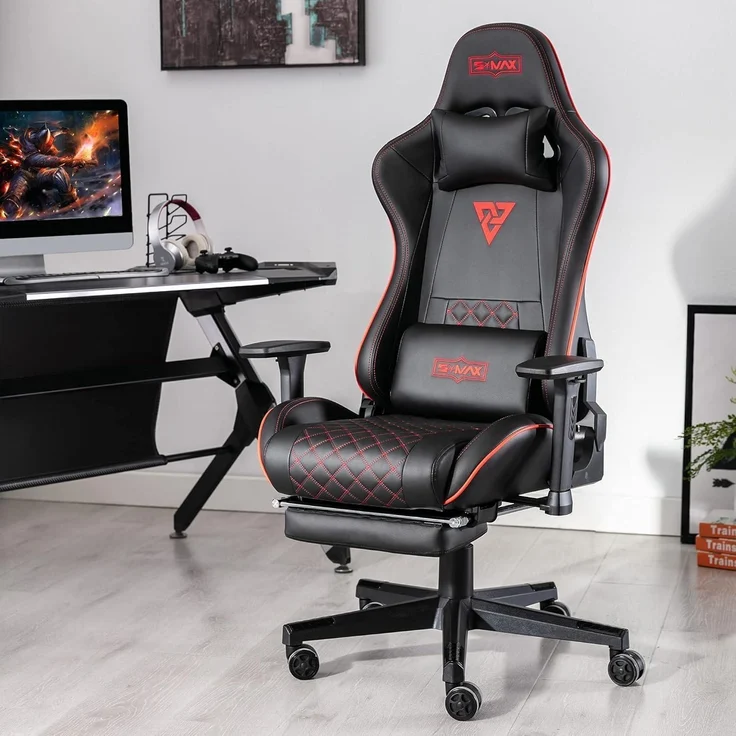 Gaming Stuhl Schwarz mit Fußstütze 3D Armlehne und Lendenwirbelstütze – Bild 2