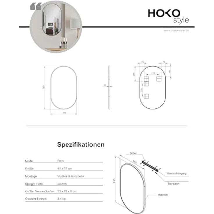 HOKO Dekospiegel Design Modern Wandspiegel oval mit Rahmen. HOCH und QUER Montage. (Badezimmerspiegel, Flurspiegel, Kosmetikspiegel, Schminkspiegel. 4mm Glass. mit Aluminium-Wandhalterung und Rahmen) – Bild 8