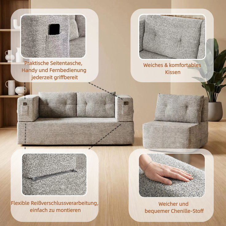 ZUBALIYA SchlafSofa mit breiten Armlehnen, modular aufgebaut, ohne aufwendige Montage, für Wohnzimmer und Apartments, Dunkelgrau – Bild 15
