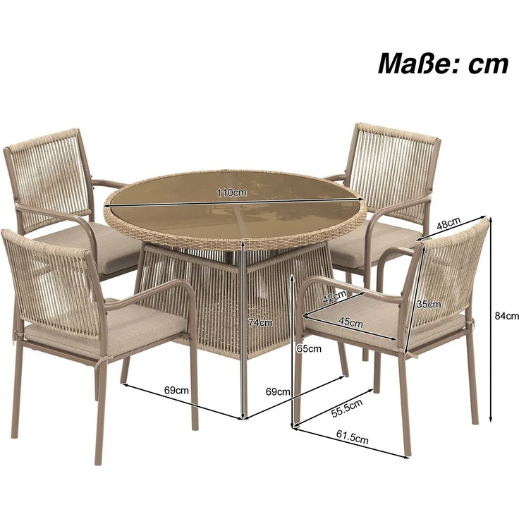 Gartenlounge-Set mit rundem Glastisch und 4 Stühlen, 5-teilig, Loungeset, Essgruppe für Garten – Bild 6