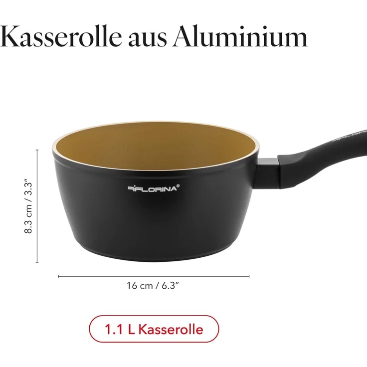 FLORINA AMVEGAN Aluminium Kasserolle 16 cm I 1,1L I Hohe Haltbarkeit I Olivenöl-Keramikbeschichtung I Einfaches Kochen & Spülen I Für alle Herdarten I Originales Design – Bild 3