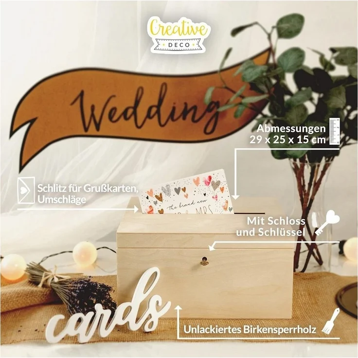 Creative Deco Aufbewahrungsbox Holzkiste Kartenbox Hochzeit 29x25x15 cm Holzbox mit Schlitz, Schloss und Schlüssel – Bild 3