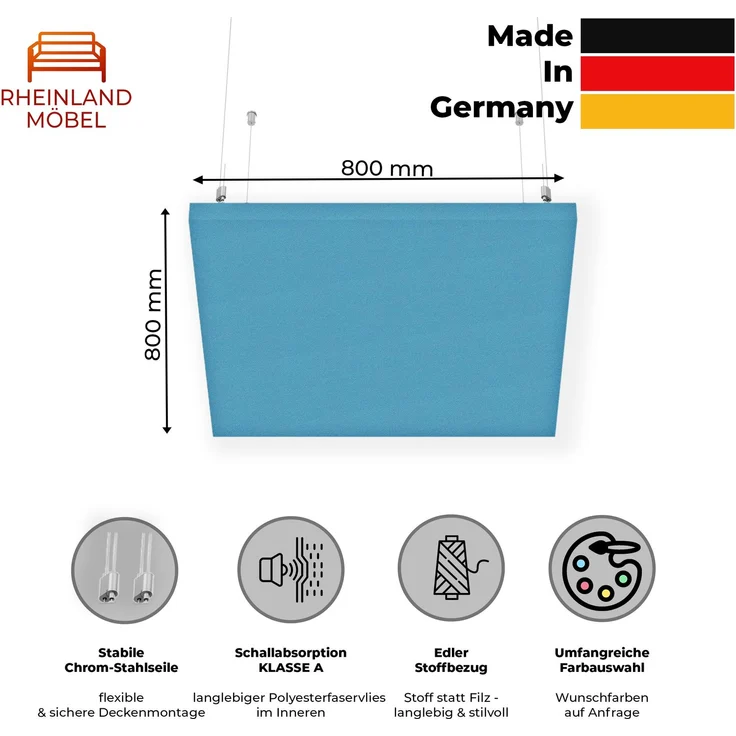 Rheinland Möbel FocusWall DAQ0808 – Quadratischer Akustik-Deckenabsorber 80×80 cm in Stofffarbe Marianna inkl. Chrom-Stahlseilen - Made in Germany - Klasse A, Stoffbezug, schwer entflammbar – Bild 2
