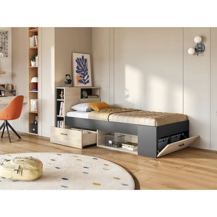 Vente-unique - LEANDRE Bett Holz, Platte GrauBeige - B 99,5 cm x H 95 cm x L 218,5 cm – Bild 3