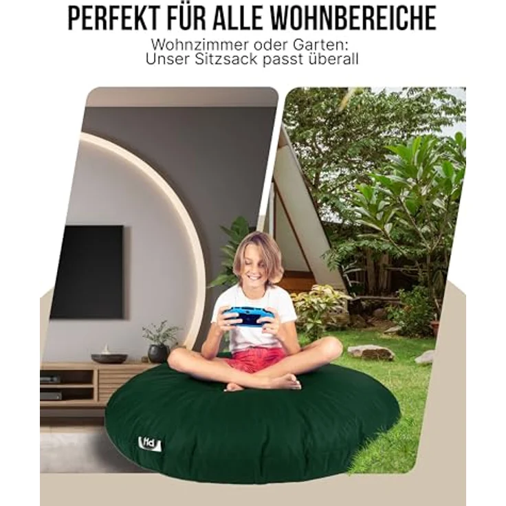 PATCH HOME 2-in-1 Sitzsack Sessel - Gaming Bean Bag mit Reißverschluss - Bereits befüllt, Ergonomisch & Robust für Kinder & Erwachsene - Indoor & Outdoor, Wetterfest (Dunkelgrün, 155cm) – Bild 6