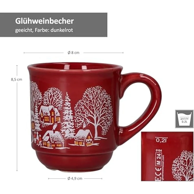 MamboCat Tasse 6er Set Glühweinbecher in dunkelrot Weihnachtslandschaft 0,2L geeicht, Porzellan, Weihnachtsgeschirr, Weihnachten, Weihnachtsmarkt, Punsch – Bild 5