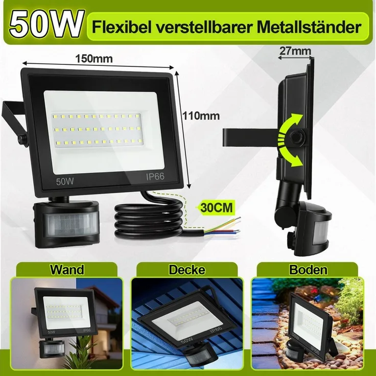 Clanmacy LED Flutlichtstrahler LED Fluter mit Bewegungsmelder 50W Außenleuchte Kaltweiß Spotlight